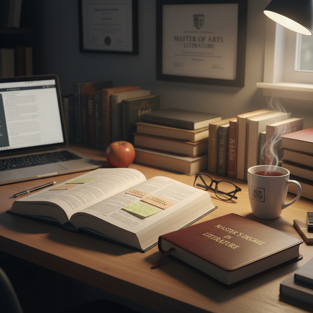 A wooden desk is set up for academic study with an open textbook, a laptop, a steaming mug of tea, and a book titled Master's Degree in Literature.