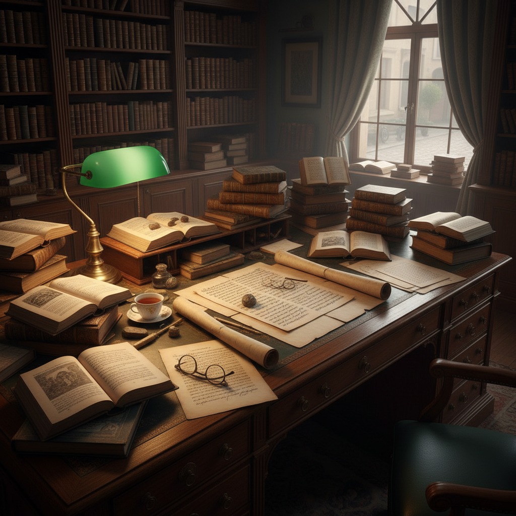 A cluttered wooden desk in a library is covered with stacks of antique books, handwritten scrolls, spectacles, and a glowing green banker's lamp.